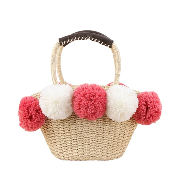 Women Travel Woven Beach Bag Cute Contrast Plush Ball Straw Handbag