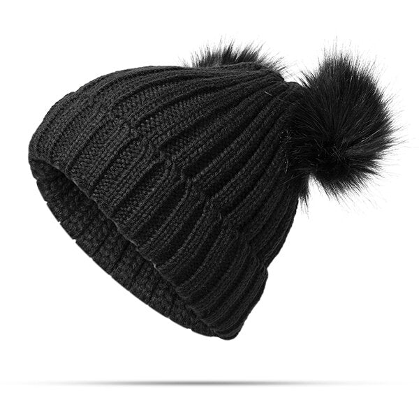 Women's Knitted Winter Beanie with Pom Pom - Warm, Soft Fur Ball Cap