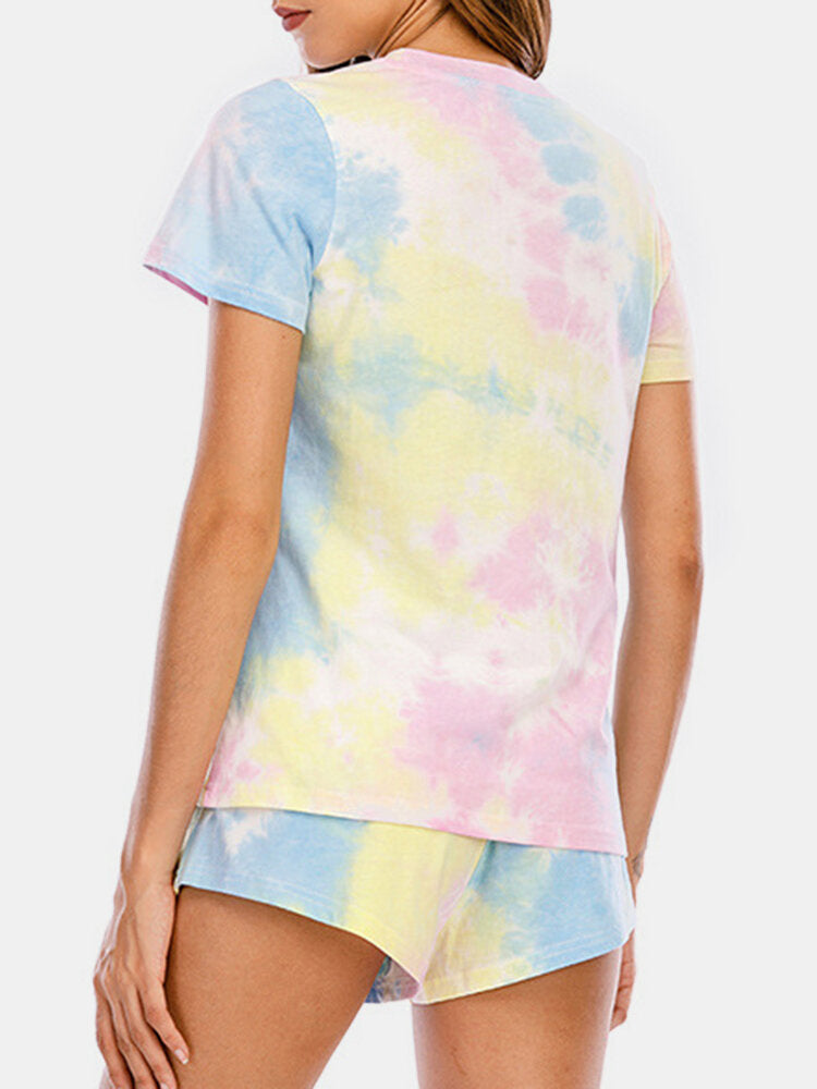 Women's Tie Dye Pajama Set - Short Sleeve, O-Neck, Soft Summer Sleepwear, 2-Piece