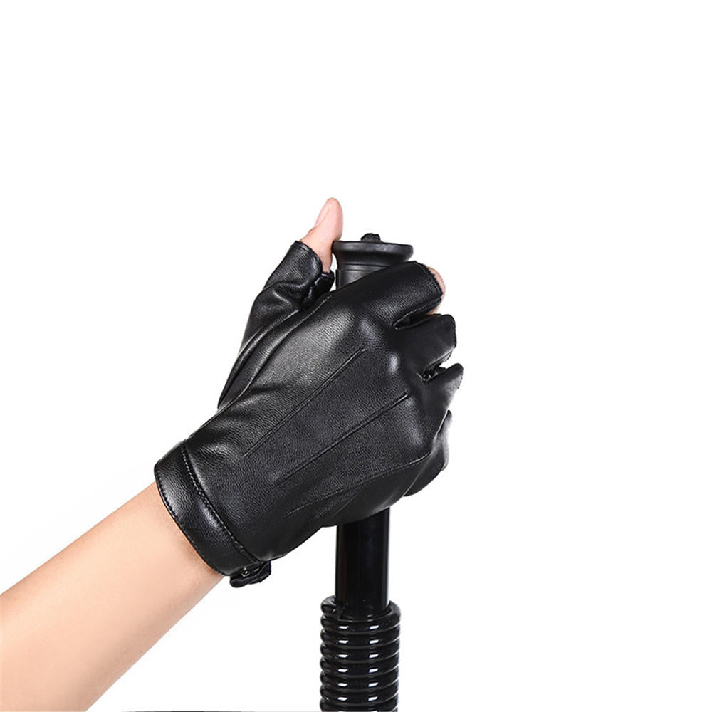 PU Leather Winter Half Finger Motorcycle Gloves - Warm Fleece for Outdoor Hunting