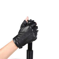 PU Leather Winter Half Finger Motorcycle Gloves - Warm Fleece for Outdoor Hunting