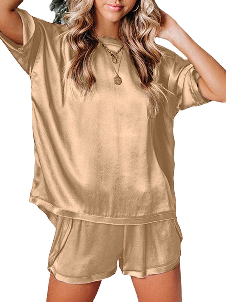 Women's O-Neck Elastic Waist Thigh-Length Pajama Set