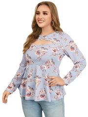 Plus Size Crew Neck Floral Print Cut Out Long Sleeves Tee