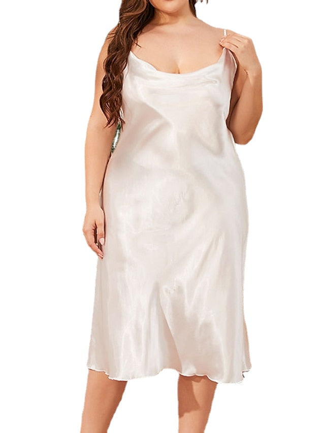 Plus Size Satin Nightgown Dress - Sleeveless, Backless, Pure Color, Spring/Summer Comfort Pajamas