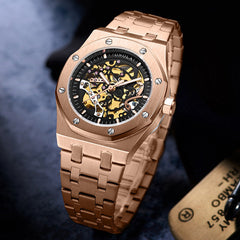 Fashion Men Automatic Watch Hollow Dial Stainless Steel Strap Waterproof Business Mechanical Watch