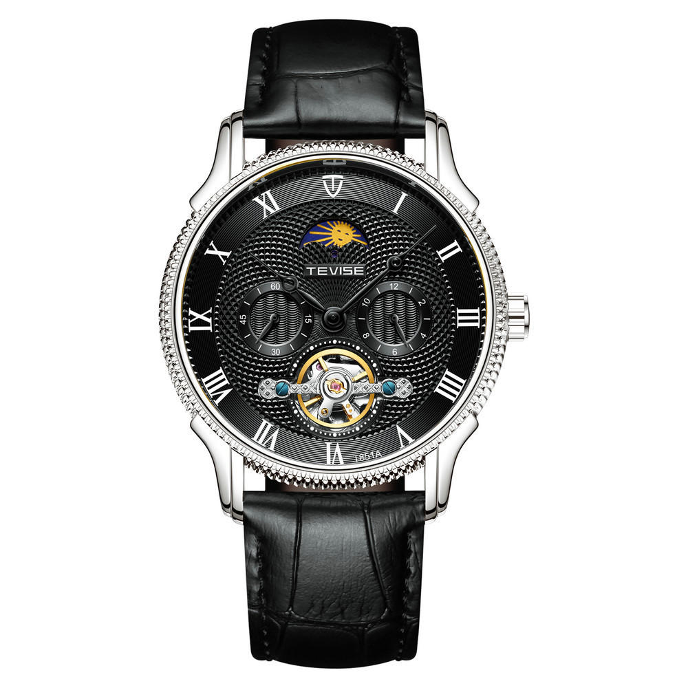 Moon Phase Automatic Mechanical Watch Roman Number Leather Band Men Watch