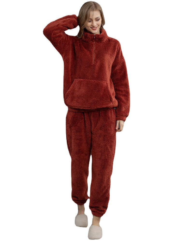 Women's Plush Fluffy Pajama Set with Kangaroo Pocket Pullover & Jogger Pants