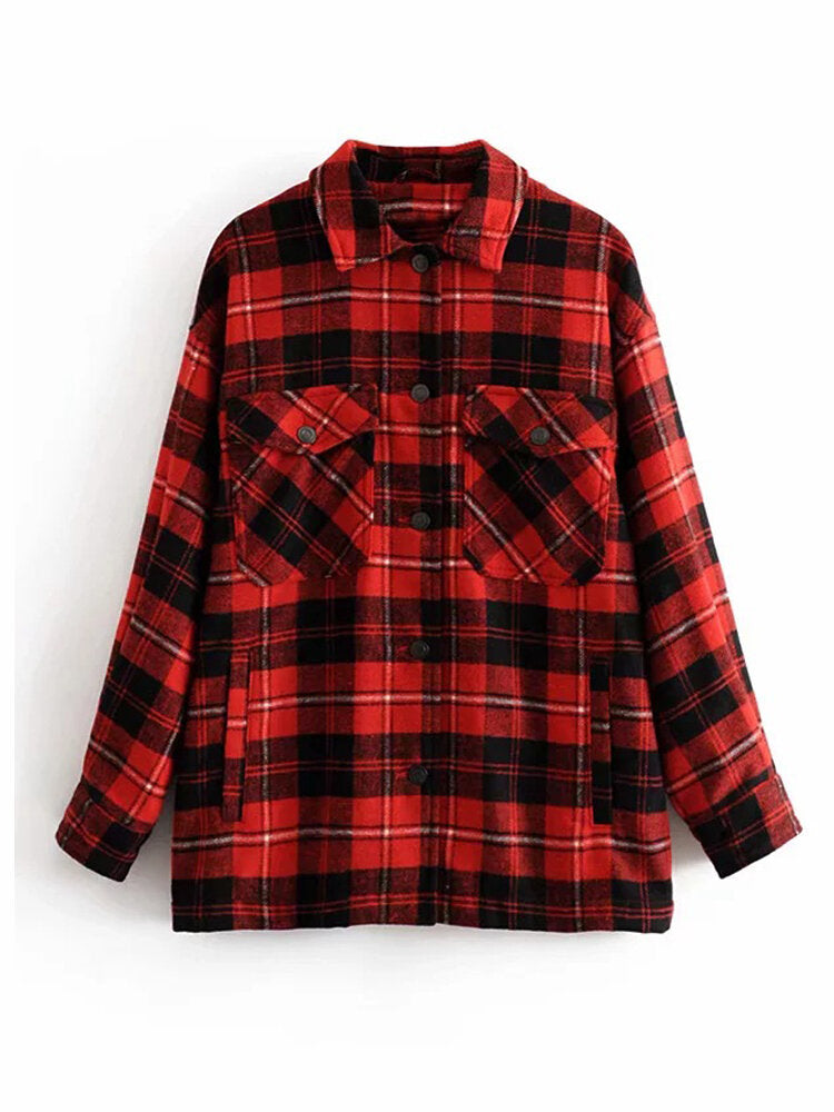 Women Plaid Button Front Lapel Long Sleeve Casual Coats With Multi Pocket