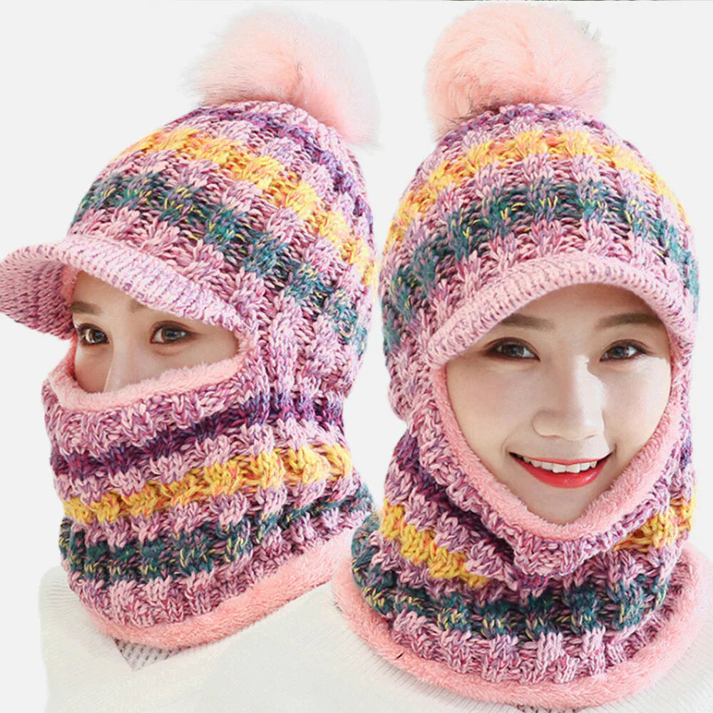 Women's Wool Knitted Hat: Warm, Windproof, Plus Velvet, Neck & Face Protection for Riding