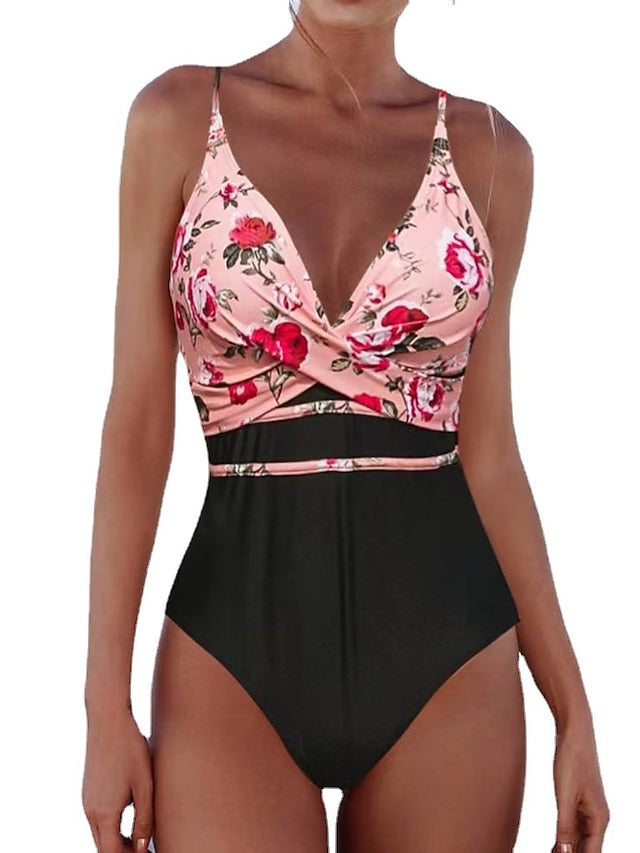 Women's Floral V-Wire One Piece Swimsuit, Tummy Control, Open Back, Rosy Pink, Sexy Vacation Fashion