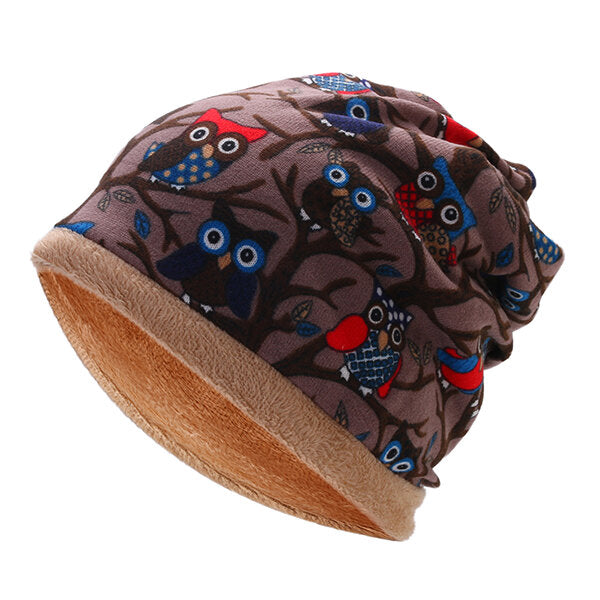 Women's Owl Pattern Slouchy Beanie Cap & Scarf, Multi-Function, Double Layer, Windproof, Warm Hat