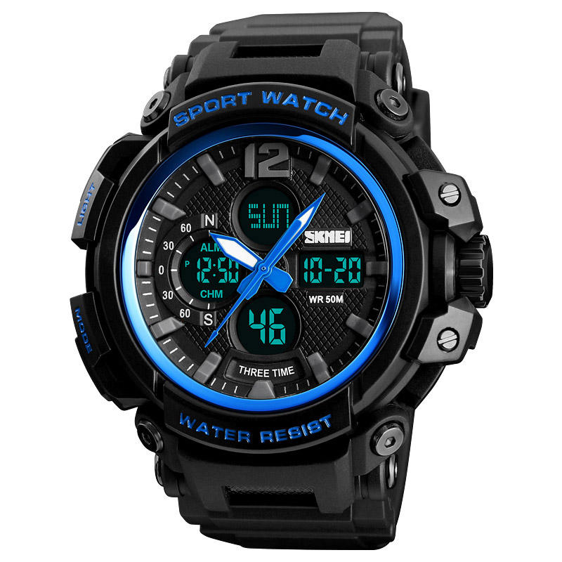 Digital Watch Dual Display Chronograph 3 Time Waterproof Alarm Digital Quartz Wrist Watch