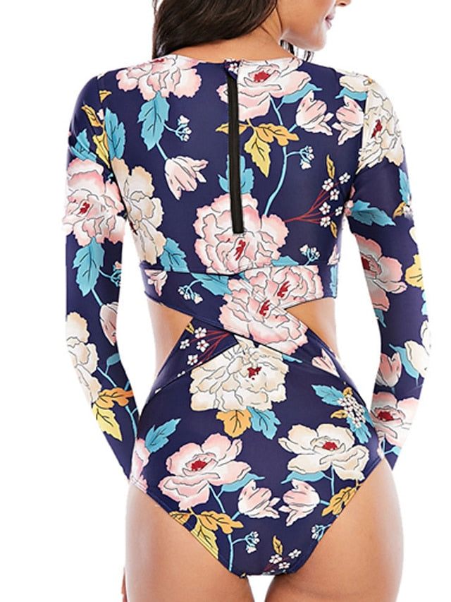 Women's UV Protection Monokini Rash Guard - Floral Leaf Print, Padded V-Wire Swimsuit