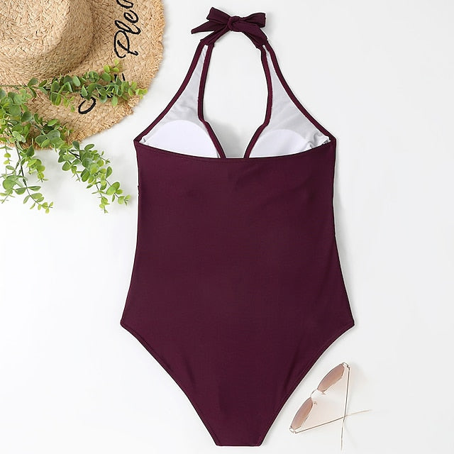 Women's Swimwear One Piece Normal Swimsuit Open Back Solid Color Leopard Leopard Print Black Wine Blue Green Bodysuit Bathing Suits Sports Summer