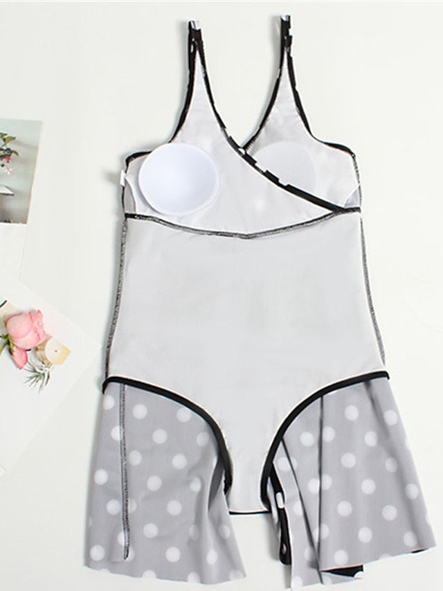 Plus Size Polka Dot Swim Dress: Tummy Control, Open Back, Padded, V Wire, Black, Women's Swimsuit