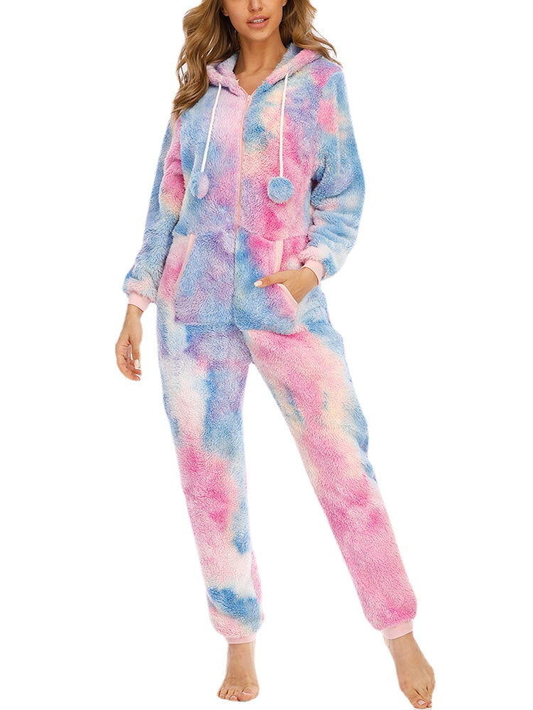 Women's Tie Dye Hooded Jumpsuit with Pockets & Zipper - Sleepwear