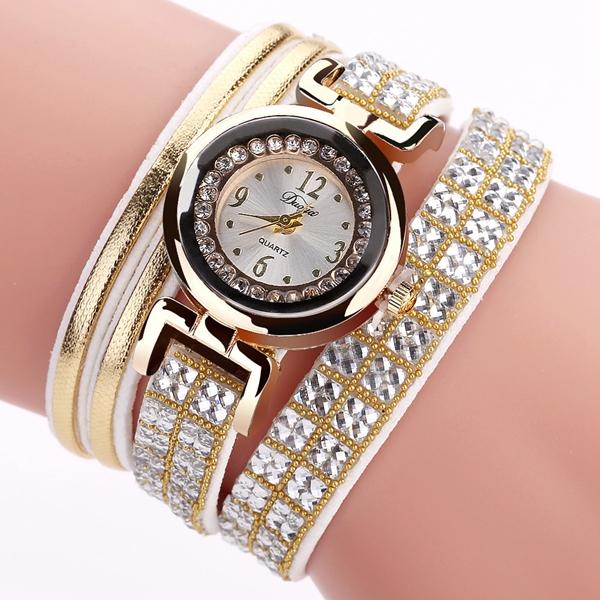 Fashion Style Leather Band Bracelet Winding Rhinestones Dial Quartz Moement Ladies Watches