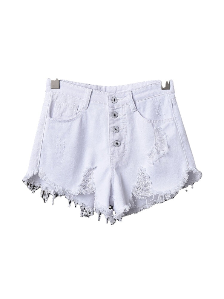 Women Button Up Pocket Loose Hollow Ripped Denim Shorts