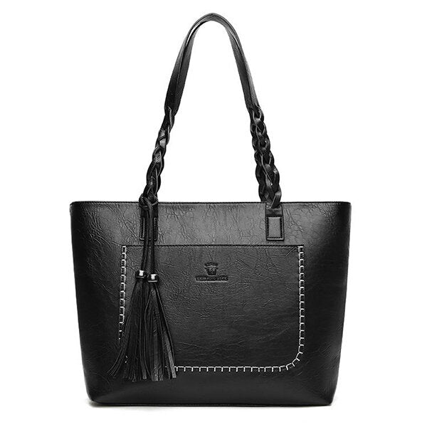 Women Retro Faux Leather Tote Bag Solid Tassel Leisure Shoulder Bag Hangbag