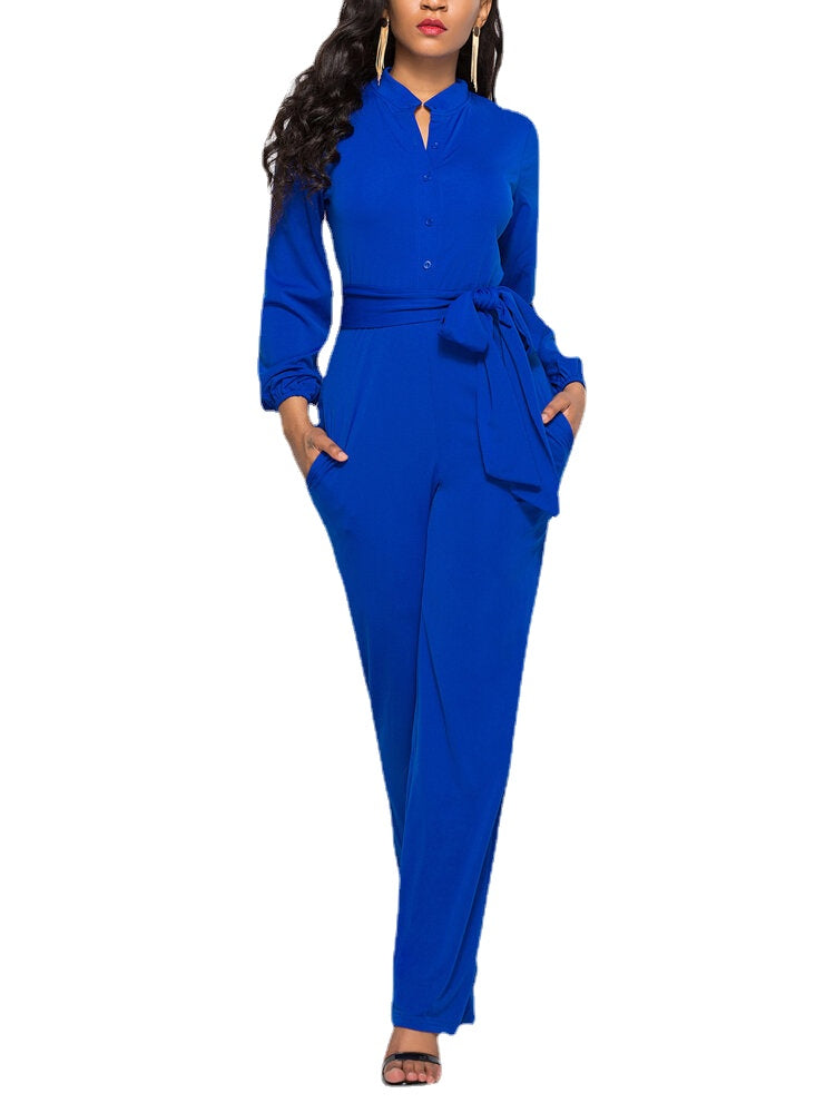 Women Solid Color Long Sleeve Waist Belt Stand Collar Plus Size Jumpsuit