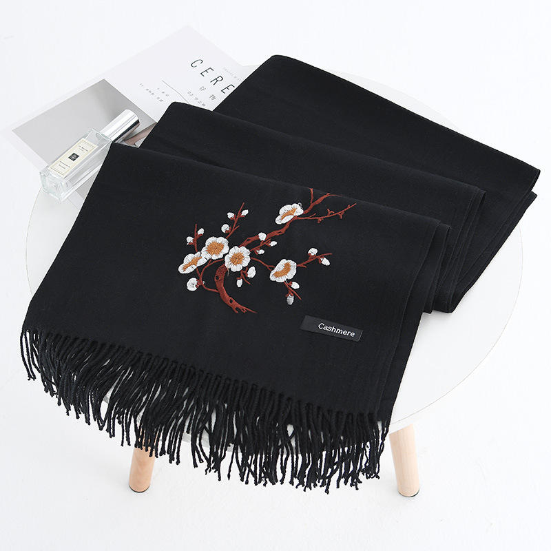 Elegant Plum Embroidery Tassel Scarf Shawl for Women - Winter Ethnic Style