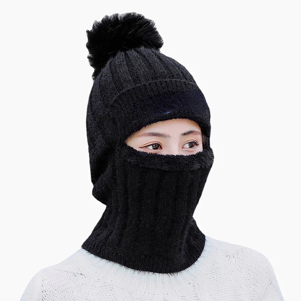 Women's Wool One-Piece Ski Hat: Warm, Velvet-Lined, Neck & Ear Protection, Fluff Ball Beanie