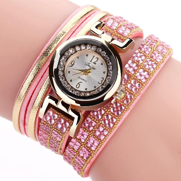 Fashion Style Leather Band Bracelet Winding Rhinestones Dial Quartz Moement Ladies Watches