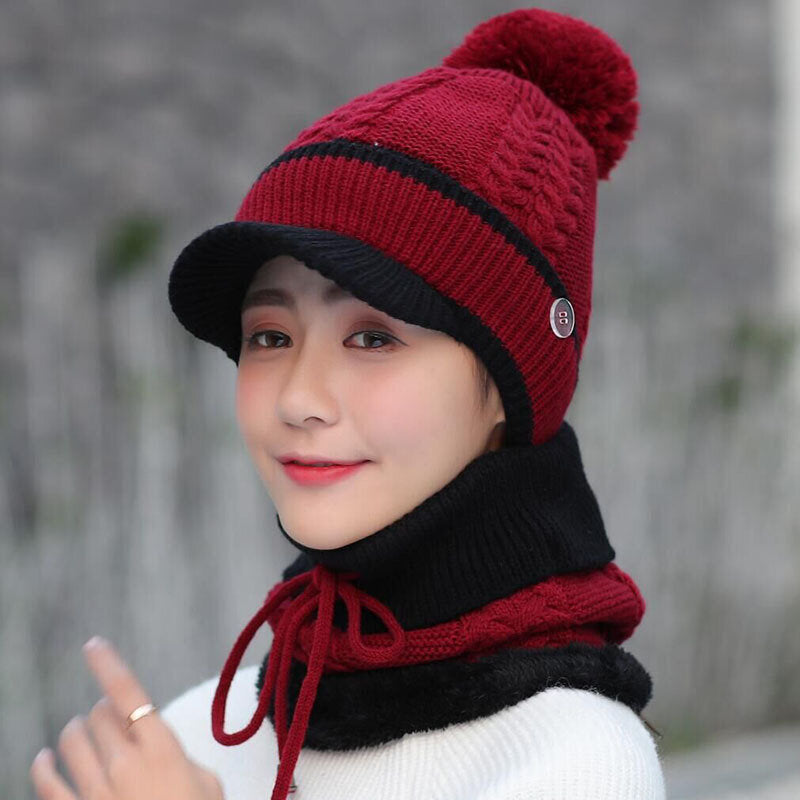 Warm Wool Beanie & Scarf Set - Winter Pom Cap