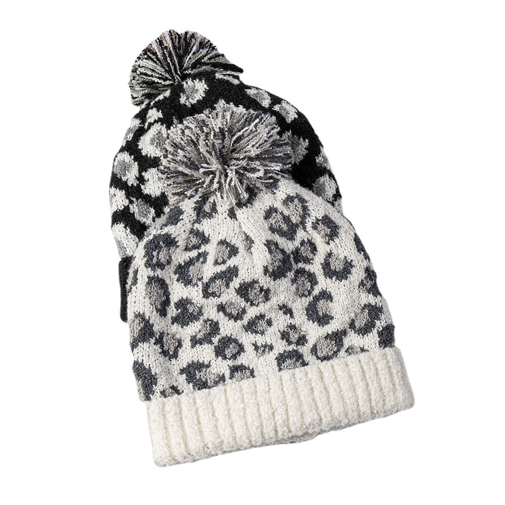 Unisex Leopard Knit Beanie with Fur Pom, Warm & Casual