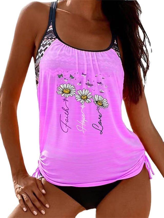 Plus Size Women's Tankini Swimsuit - Backless, High Waisted, Butterfly Print, Scoop Neck, Vacation Ready