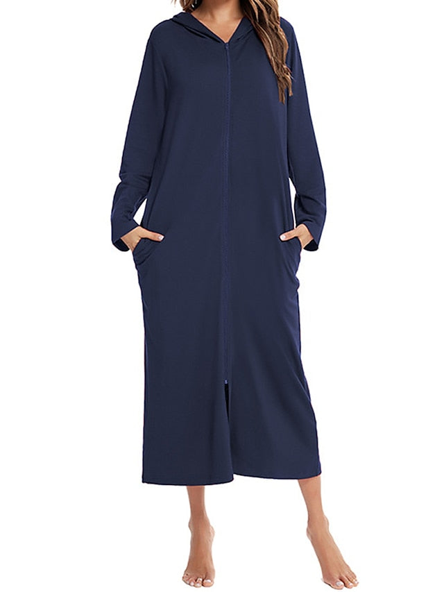 Women's Casual Midi Shift Dress with Pockets - Solid Color Hooded Lounge Wear