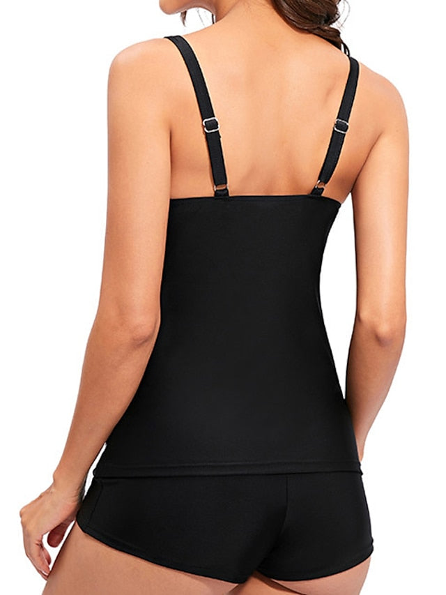 Plus Size Women's Tankini Swimsuit - Modest Leaf Print, Open Back, Camisole Straps, Vacation Fashion