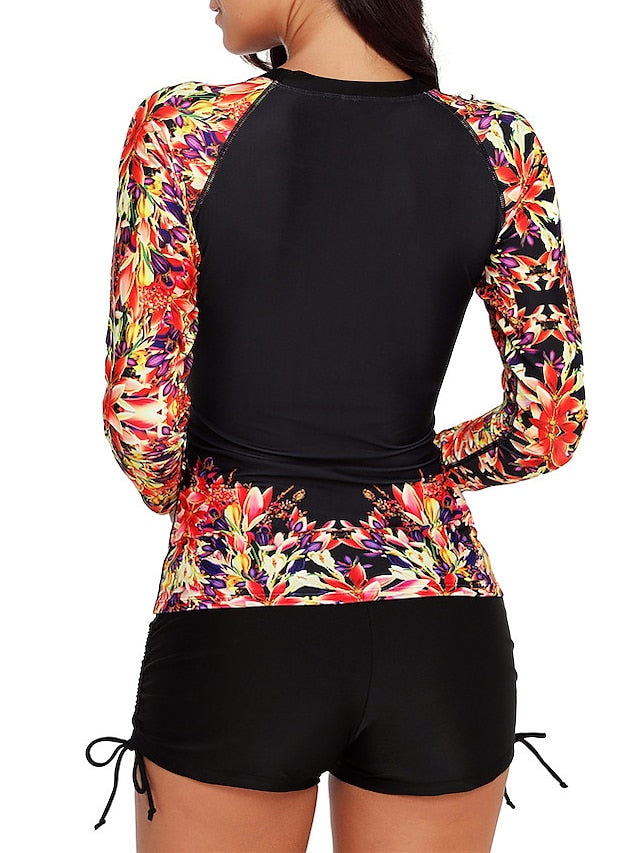 Plus Size Women's Rash Guard 2-Piece Swimsuit, Open Back, Floral Print, Black/Gray/Yellow
