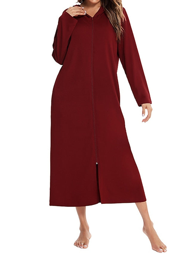 Women's Casual Midi Shift Dress with Pockets - Solid Color Hooded Lounge Wear