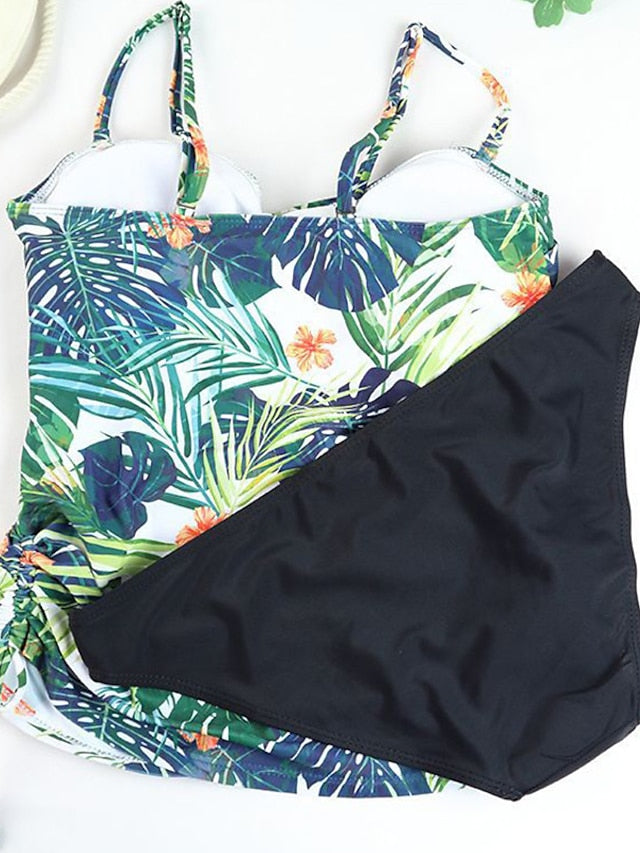 Plus Size Women's 2-Piece Tummy Control Swimsuit, Open Back, Green Leaf Print, Big Bust, Vacation Ready