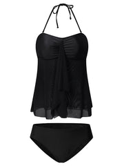 Women's Swimwear Tankini 2 Piece Normal Swimsuit High Waisted Solid Color Green Black Rosy Pink Khaki Royal Blue Padded V