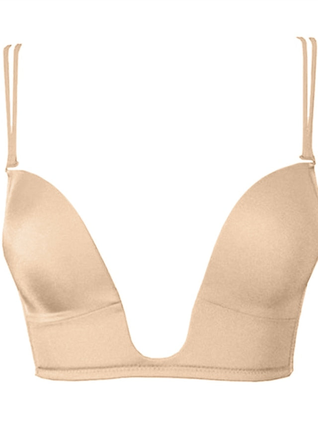 Women's Padded Bras Detachable Straps Demi Cup Shelf Bra Deep U Breathable Pure Color Hook & Eye