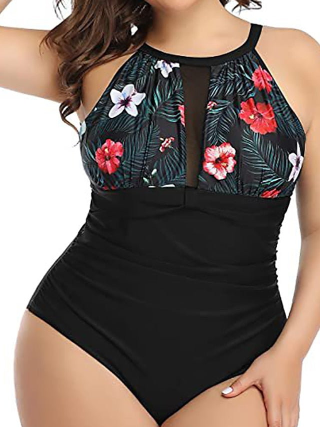 Plus Size Women's Floral Striped One Piece Swimsuit - Modern, Sexy, Padded, Vacation Swimwear