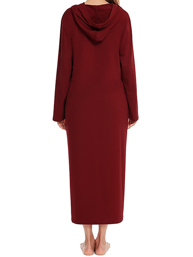 Women's Casual Midi Shift Dress with Pockets - Solid Color Hooded Lounge Wear