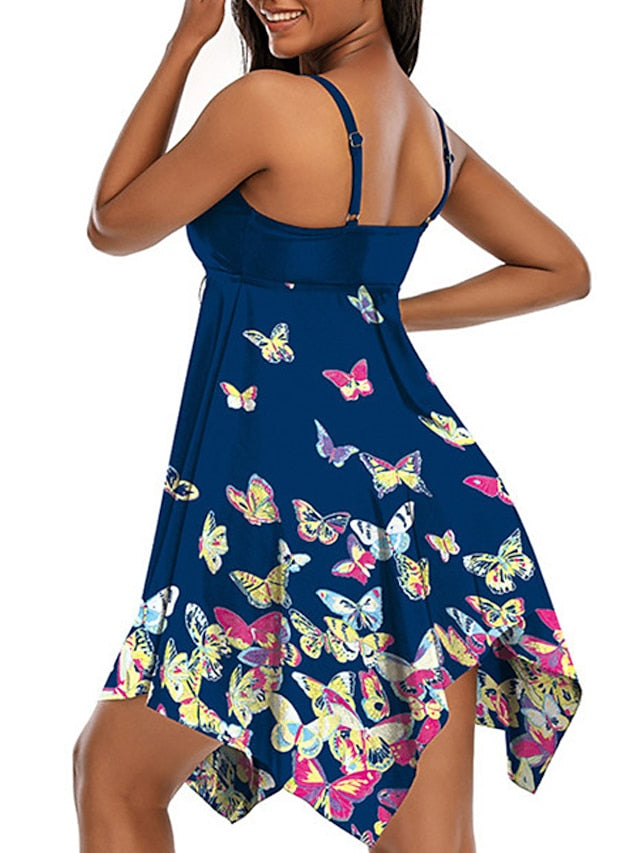 Plus Size Women's Tankini Swim Dress - Open Back, Animal Print, Navy Blue, Vacation Fashion