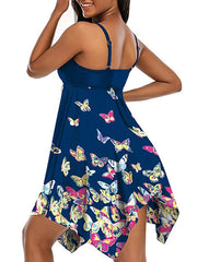 Plus Size Women's Tankini Swim Dress - Open Back, Animal Print, Navy Blue, Vacation Fashion