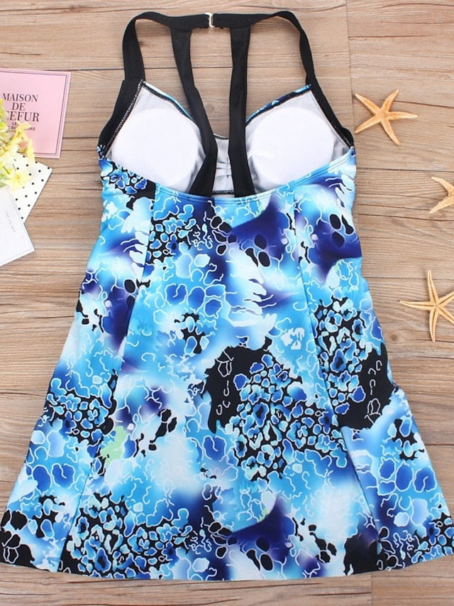 Plus Size Women's One Piece Swim Dress, Open Back, Floral Blue, V Wire, Padded, Modern Vacation Swimwear