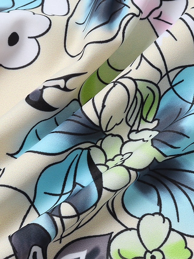 Women's Floral Print Tankini Swimsuit, High Waisted, Padded, Khaki, Sexy Sports Vacation Wear
