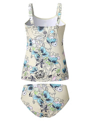Women's Floral Print Tankini Swimsuit, High Waisted, Padded, Khaki, Sexy Sports Vacation Wear