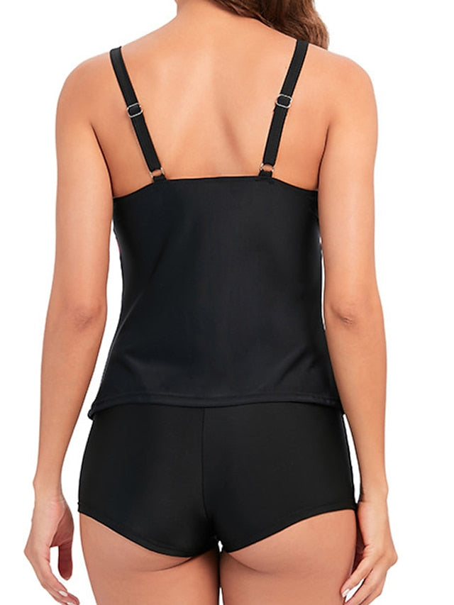Plus Size Women's Tankini Swimsuit - Modest Leaf Print, Open Back, Camisole Straps, Vacation Fashion