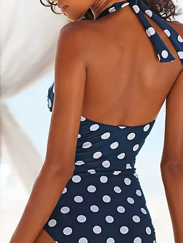 Women's Swimwear One Piece Monokini Bathing Suits Normal Swimsuit Tummy Control High Waisted Polka Dot Navy Blue Padded Bathing