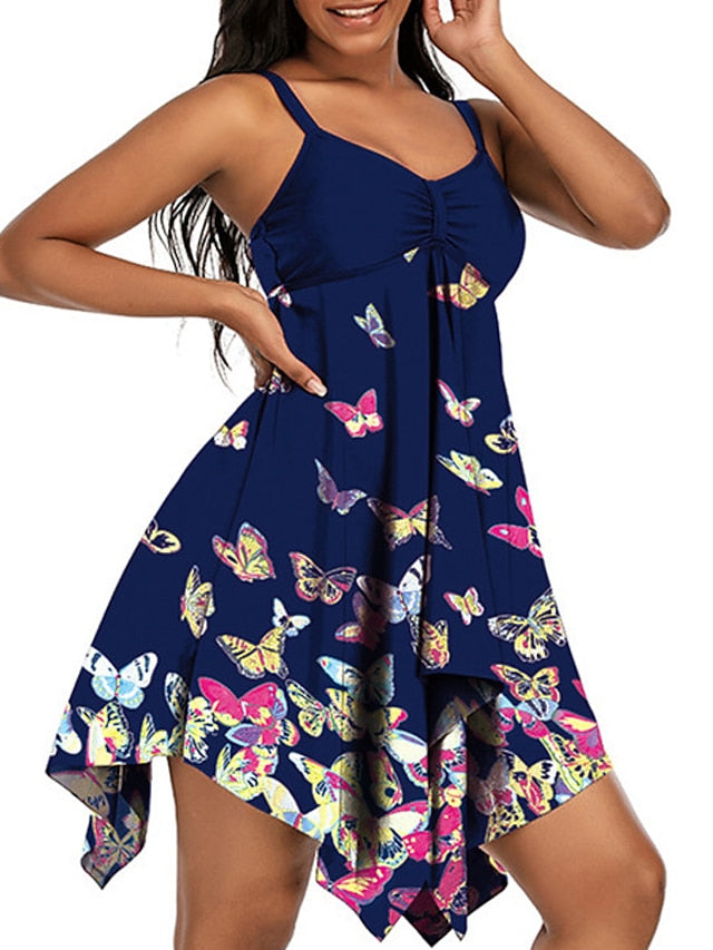 Plus Size Women's Tankini Swim Dress - Open Back, Animal Print, Navy Blue, Vacation Fashion