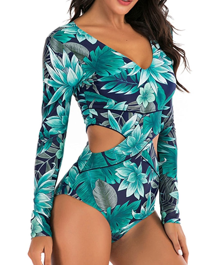 Women's UV Protection Monokini Rash Guard - Floral Leaf Print, Padded V-Wire Swimsuit