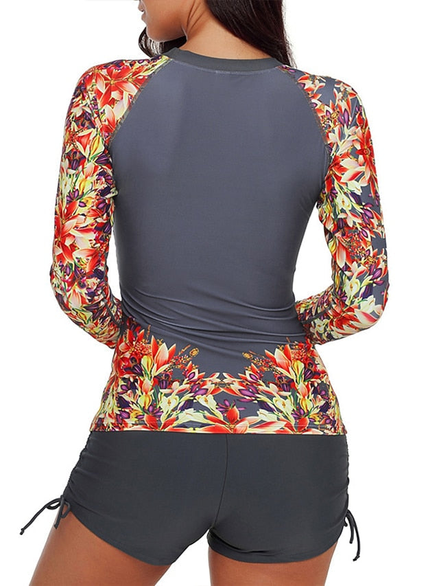 Plus Size Women's Rash Guard 2-Piece Swimsuit, Open Back, Floral Print, Black/Gray/Yellow