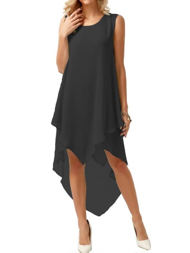Women' Sleeveless Pure Color High Low Design V Neck Fashion Elegant Dress